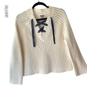 AERIE | NWOT LACE UP CHUNKY RIB KNIT SWEATER COTTON BLEND CREAM | SMALL